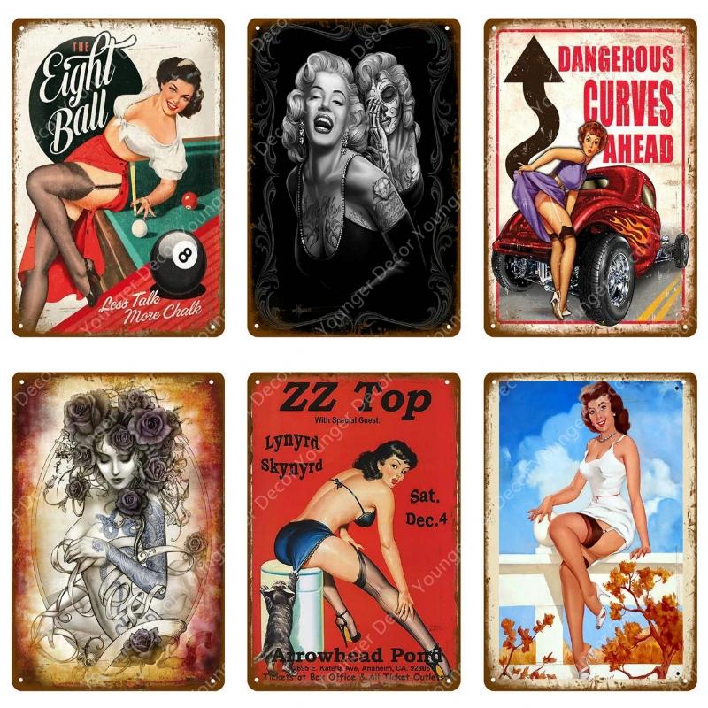 Vintage Retro Sexy Dame Pin Up Girl Malerei Blechschilder Metall Poster Wandaufkleber Bar Kaffeehaus Club Heimdekoration YI-076