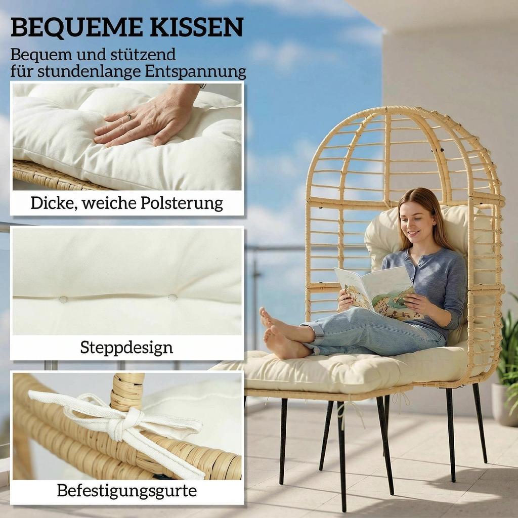 Garden Chair With Ottoman PE Rattan Egg Shape Basket Chair With Long And Thick Cushions Metal Frame Beige