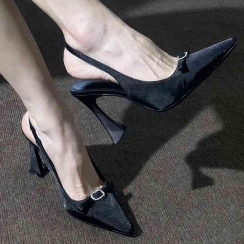 Wine Red High Heels Women's 2025 New Style Rhinestone Butterfly Knot Pointed Toe Versatile Hollow Head Sandals PU Leather Rubber