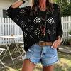 Women Tops V-Neck Three-quarter Sleeves Loose Fit Knitted Tops Pure Color Hollow Design Summer Casual Blouse