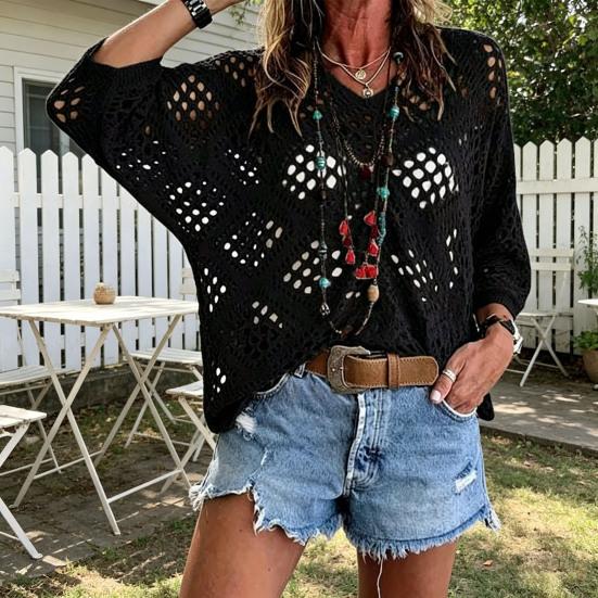 Women Tops V-Neck Three-quarter Sleeves Loose Fit Knitted Tops Pure Color Hollow Design Summer Casual Blouse