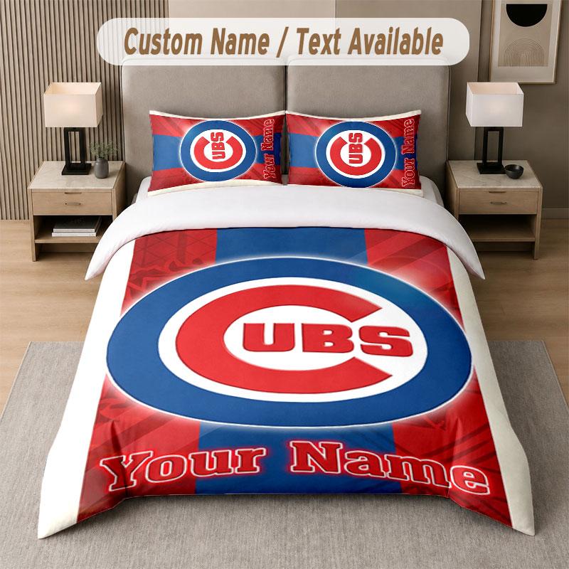 Custom Bedding Set Chicago Cubs Pattern, Print Name Text 1 Duvet Cover plus 2 Pillowcases Home Textile