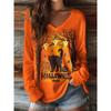 Halloween Pumpkin Ghost Print 3D Graphic Long Sleeve T-Shirt Casual V-Neck Top Polyester Breathable Women's Fashion Apparel