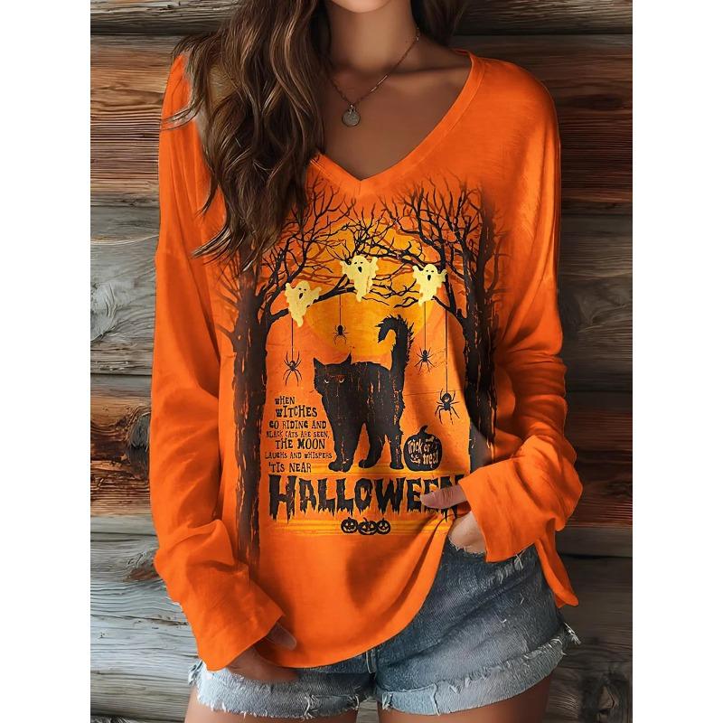 Halloween Pumpkin Ghost Print 3D Graphic Long Sleeve T-Shirt Casual V-Neck Top Polyester Breathable Women's Fashion Apparel