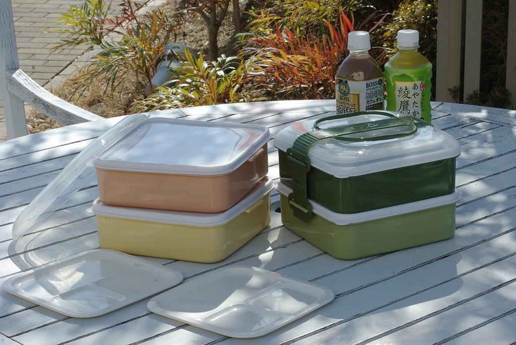 Sanko Plastic Rio Pack Lunch with 2 Side Earth W x D x H Box/Picnic Case, 2-Tier, Plates, Beige, Approx. 8.2" 7.7" 5.8"