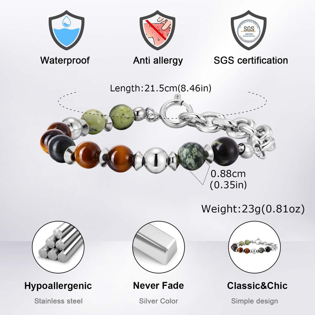 Vnox Men's Stainless Steel Beaded Bracelet with Natural Stone, Cool Hip Hop Adjustable Bracelet, Metal Beads Jewelry Accessories