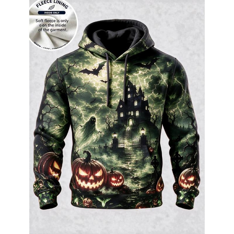 3D Print Halloween Fleece Hoodie Haunted House Ghost Pumpkin Bat Lightning Full Print Pullover Long Sleeve Sweatshirt