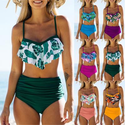 Women's Ruffle Hanging Neck  Sexy Split High Waist Bikini Swimsuit