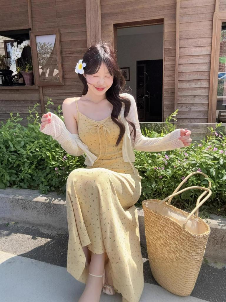 Plus Size 2026 Spring Summer Women's Two-Piece Set: Camisole with Cardigan Long Dress for Seaside Vacation