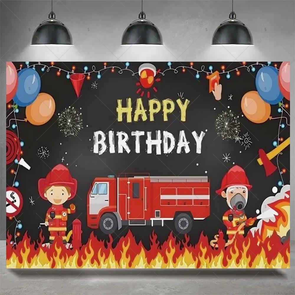 Firefighter Firetruck Theme BackgroundRed Fire Truck Children Boy Birthday Party Decor Baby Shower Photography Backdrop Props