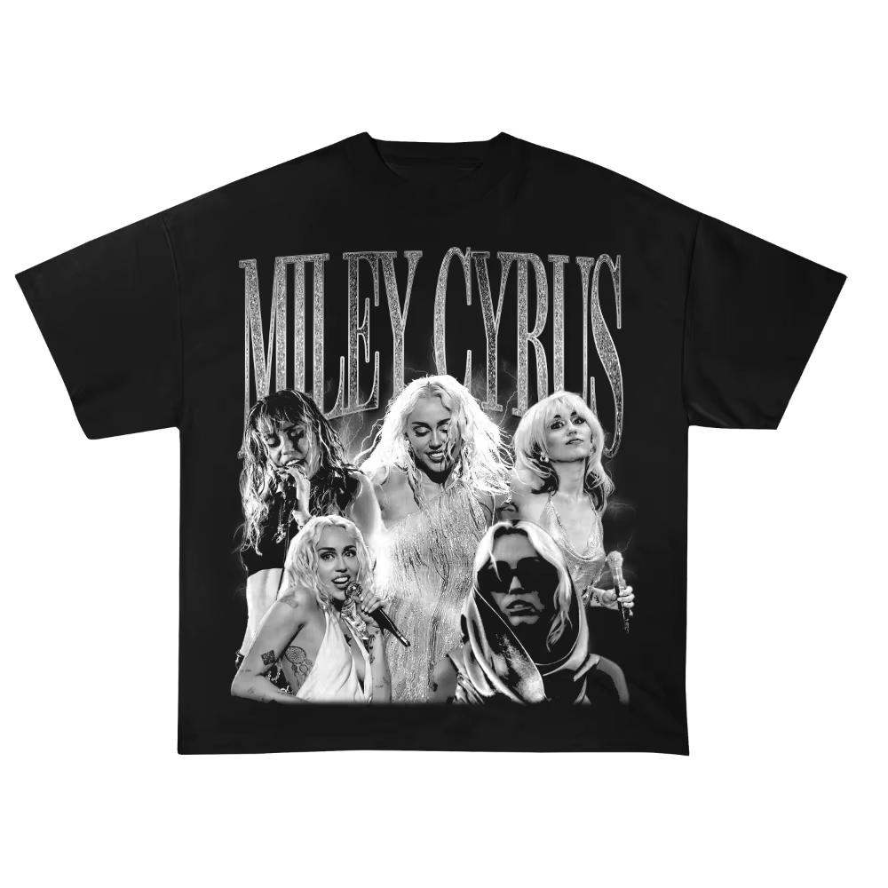 T-shirt Rétro Années 90 Noir et Blanc Miley Cyrus Motif Hip Hop Unisexe T-shirt 100% Coton Toutes Saisons T-shirt Streetwear Couple