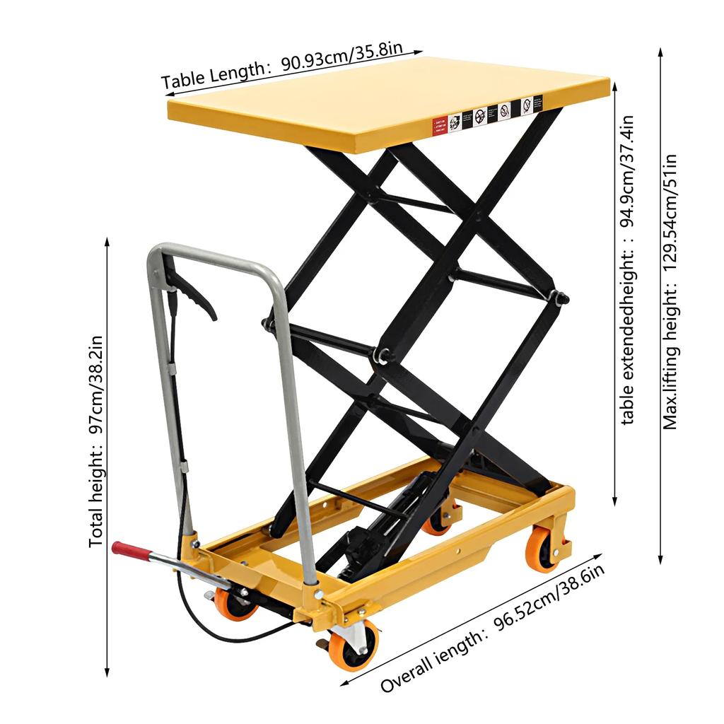 770 lbs Hydraulic Lift Platform Cart, 50-inch High Hydraulic Lift Table, Double Scissor Pallet Truck with 4 Locking Wheels