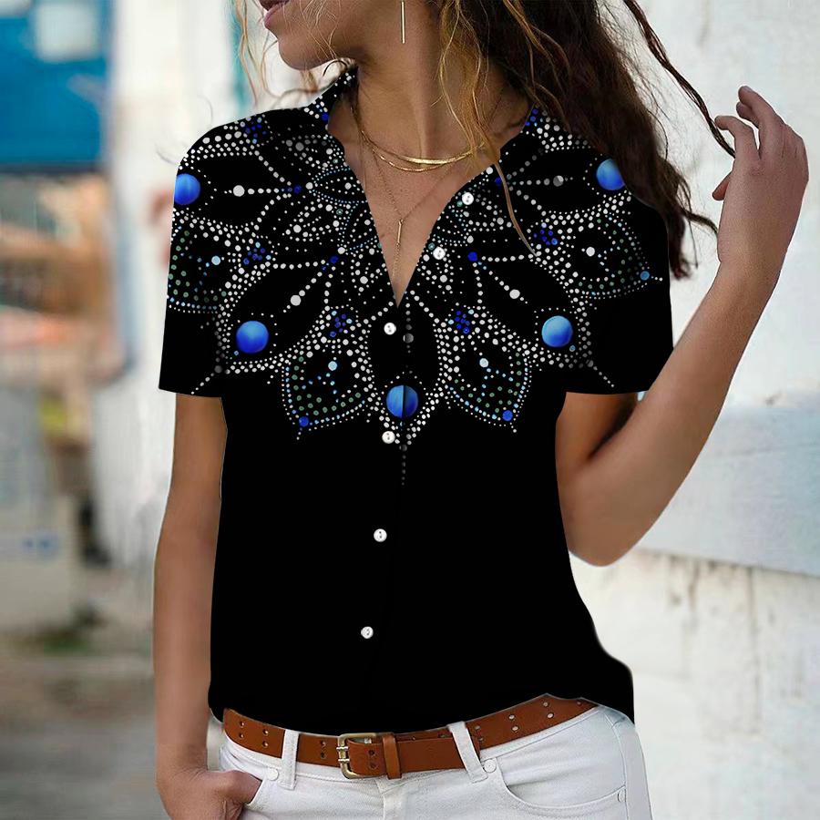 

2023 летняя новая модная женская повседневная рубашка на пуговицах с коротким рукавом и v-образным вырезом с цветочным принтом планетарного излучения