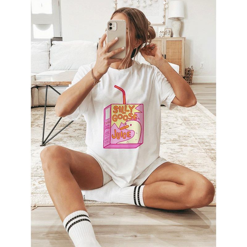 

Classic Graphic Print T-Shirt Featuring Silly Goose Juice, Short Sleeve Crew Neck Casual Top Suitable for Summer And Spring, Women S Apparel S белый