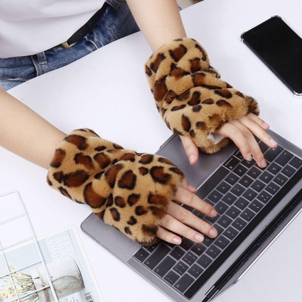 Touch Screen Half Finger Gloves Leopard Print Stylish Mittens Trend Faux Fur Gloves Outdoor Sports