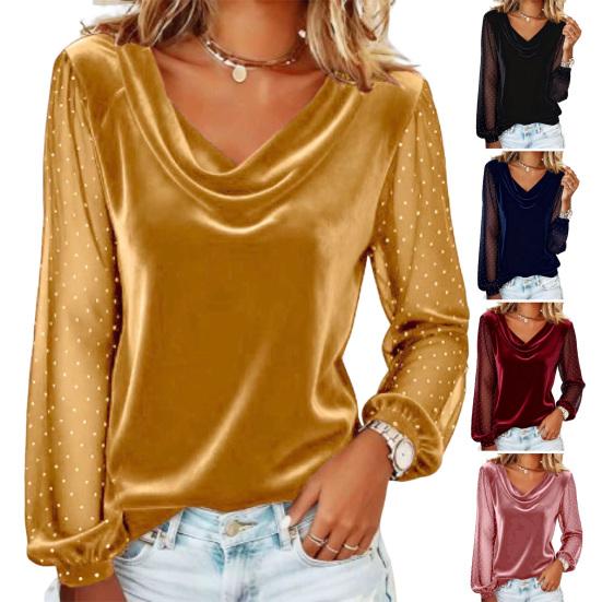 Women Tops Swing Collar Shiny Hot Drill Decor Mesh Long Sleeve Pullover Tops Loose Fit Velvet Tops Casual Work Party Date Wear