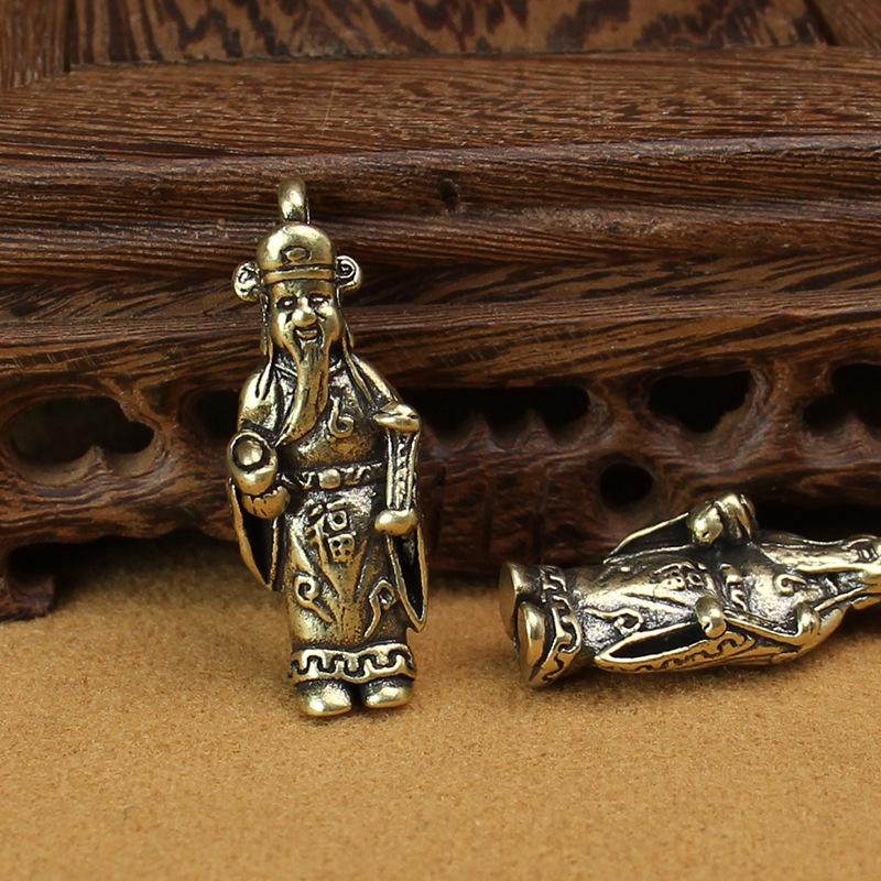 Retro Solid Brass Micro-engraved God of Wealth Small Pendant Pure Copper Pocket God of Wealth Small Ornament Keychain Copper Pendant