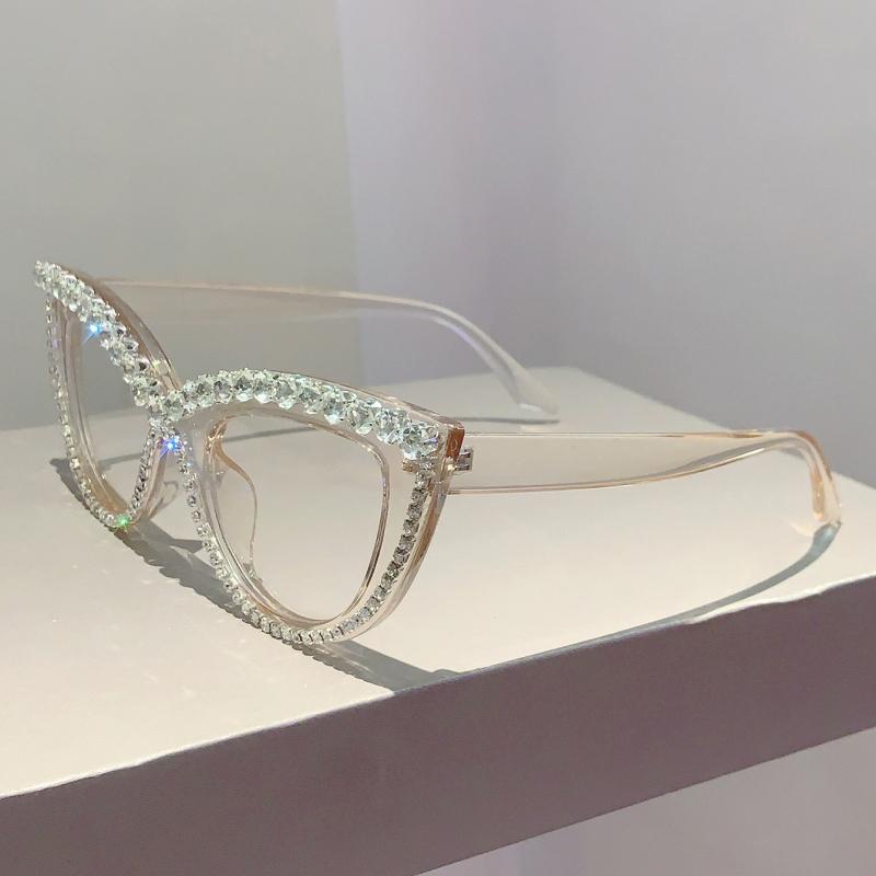 

GM LUMIAS Vintage Cat Eye Glasses with Rhinestones Women Stylish Blue Light Blocking Optical Frames Trendy Design Decor Eyewear transparent lenses шампанского