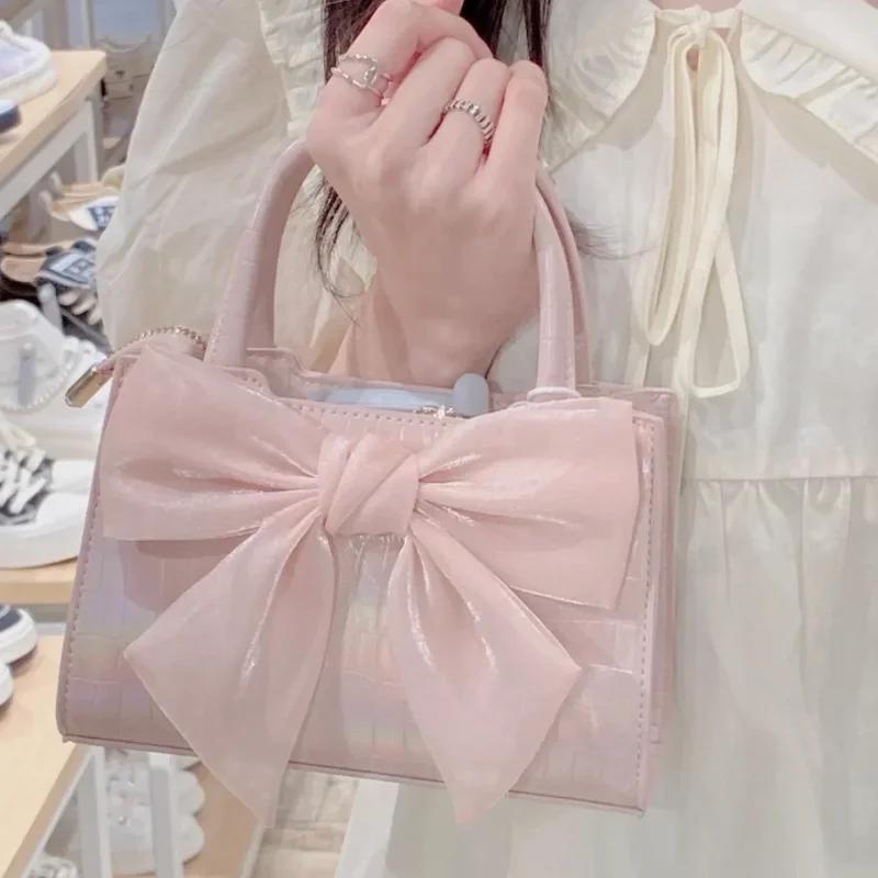 Bolsa de mão feminina da moda, bolsa de mão com laço rosa de verão, bolsa feminina de axila, bolsa pequena quadrada de ombro mensageiro para meninas