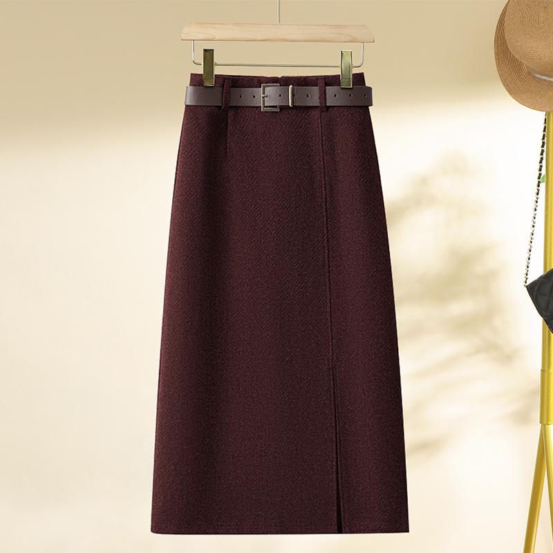 Gray Woolen A-Line Midi Skirt for Women - Autumn/Winter 2024 Stylish Hip Wrap Skirt