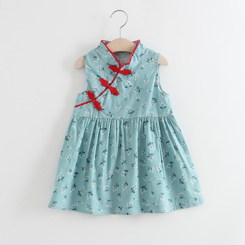 Kids Girls Chinese Style Cute Flower Print Dress Vintage Cheongsam Dresses Qipao Baby Clothes