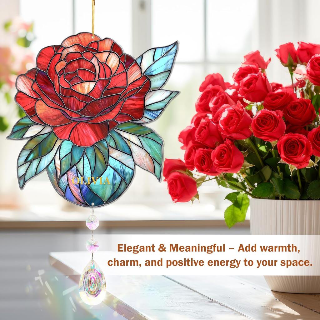 Rose Suncatcher - Birth Flower Gifts for Women, Birth Flower with Name Suncatcher Ornament with Crystal, for Mom, Grandma
