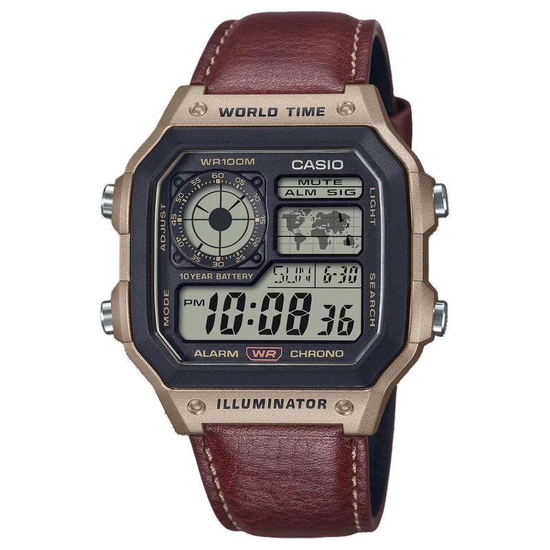 Casio Reloj para hombre serie STANDARD 100 metros resistente al agua Cuarzo correa de cuero esfera gris AE-1200WHL-5AV