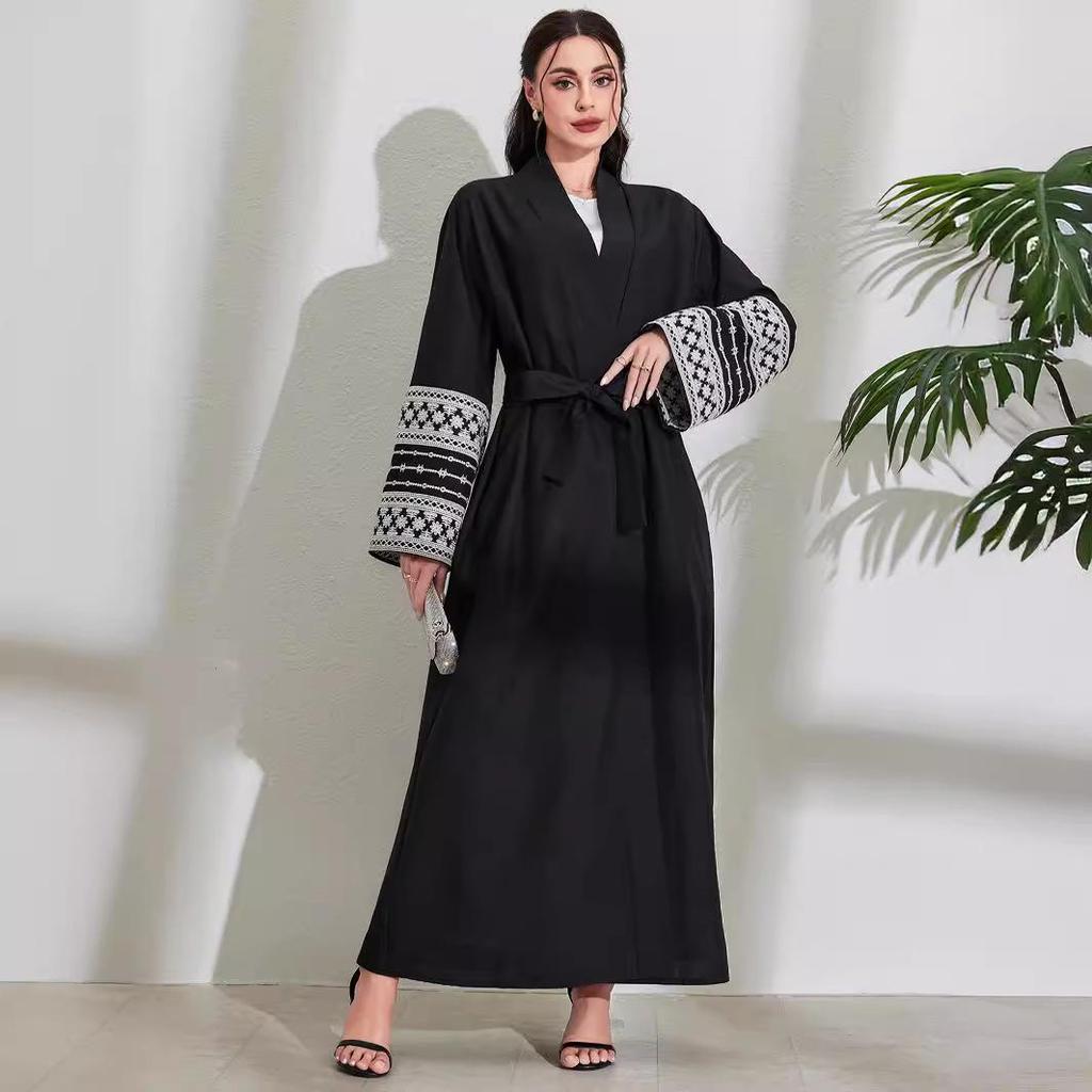 2025 Middle Eastern Muslim Fashion Embroidered Cardigan Dress with Belt and Pocket