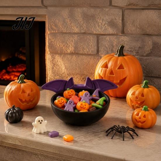 Trick or Treat Bowl Halloween Candy Bowl, Black Bat Shaped Ceramic Dish, Large Resin Serving Tray for Snacks And Treats, Tabletop Display Home Indoor
