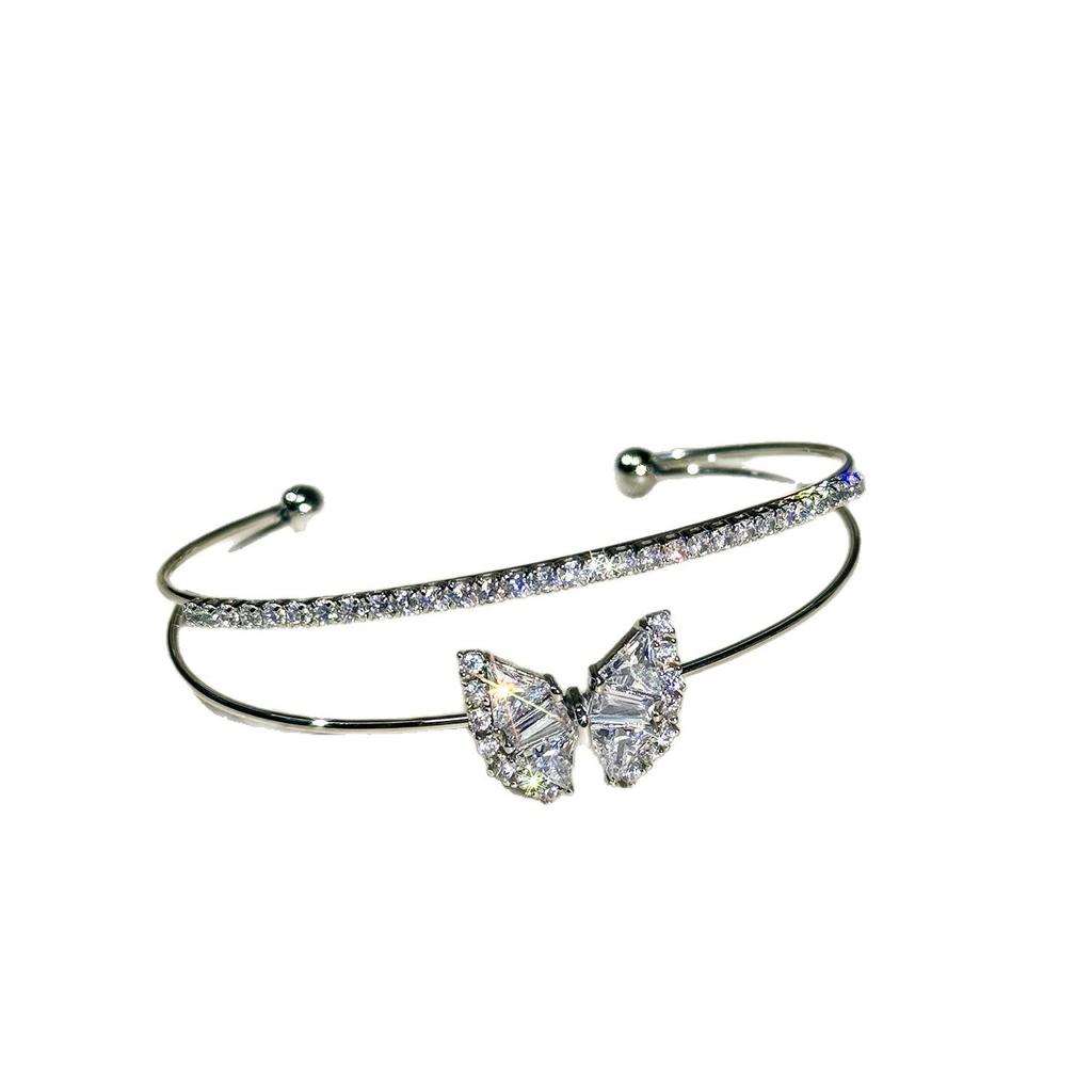 French Zirconia Butterfly Double-Layer Open Bangle: Elegant, Versatile Fashion Bracelet for Women