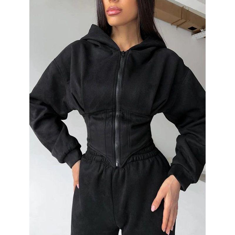 Western Style Autumn and Winter Women Clothes Solid Waist Hoodie Trousers Set Sports Casual Trousers Two-piece Set Women