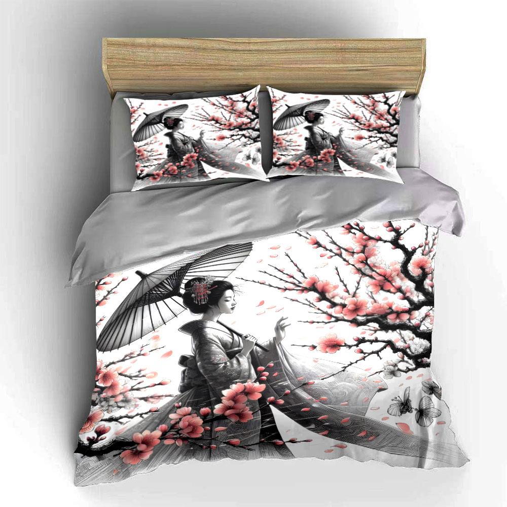 Elegant Sakura and Woman Bedding Set for Kids Luxury Gift 3pcs Digital Print Comforter Set Soft Comfortable Breathable
