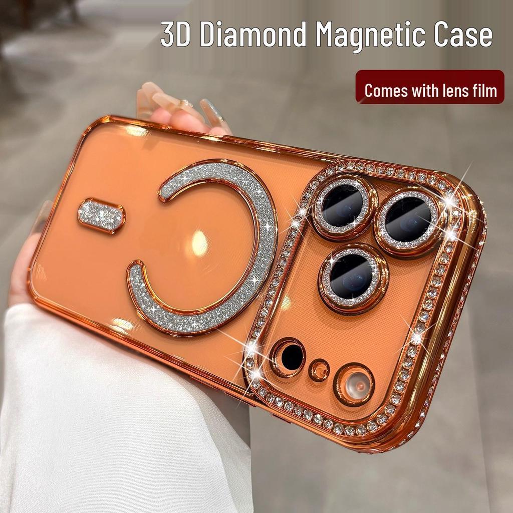 Rhinestone Magnetic Phone Case for iPhone 17 Pro Max: Transparent, Glittery, Electroplated, Anti-fall Protective Cover