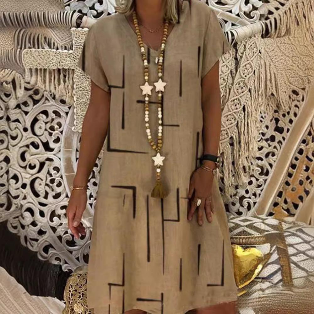 Women Summer Dress V Neck Short Sleeve A Line Printed Dress Abstract Swirl Pattern Red White Casual Everyday Dress Fashion