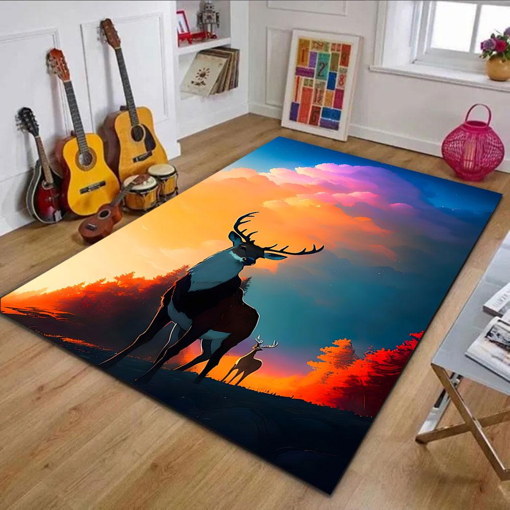 "Majestic Deer at Sunset Forest Scene" Patterned carpet, non slip mat suitable for living room and bedroom sofas