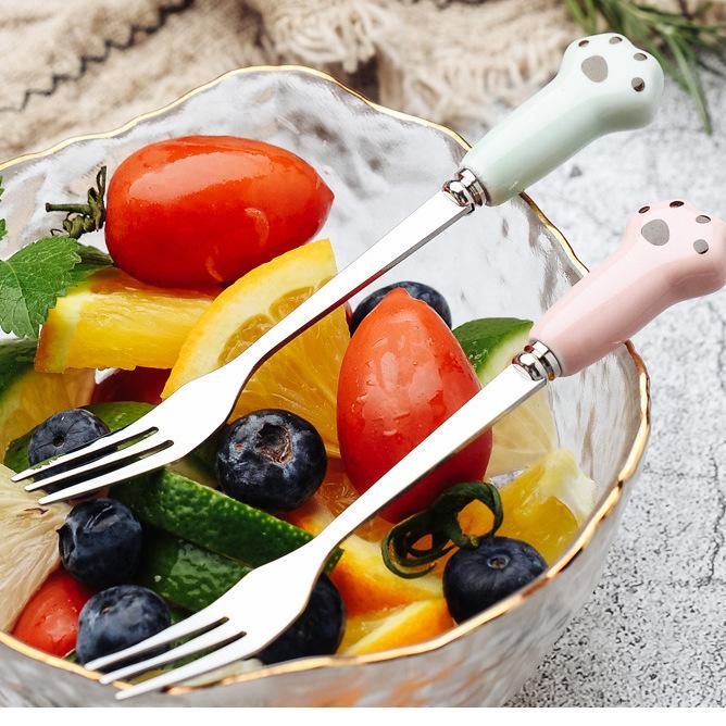 1PCS Cat's Paw Fruit Fork Stainless Steel Dessert Fork Colorful Tea Forks Small Fork Snack Dinnerware Party Home Dinnerware Set