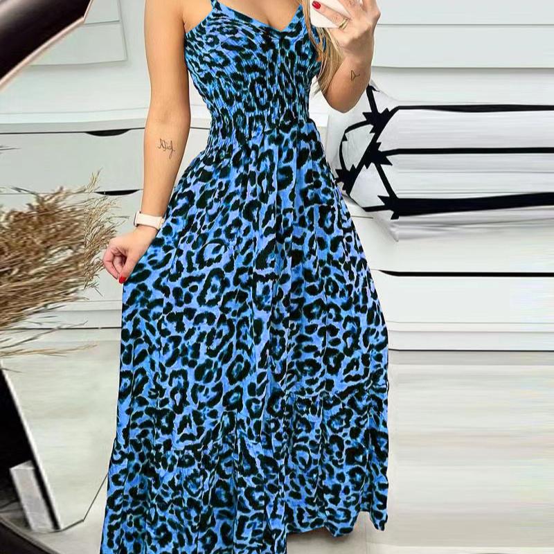 New Leopard Print Camisole V-neck Dress, High Waisted Dress, Sexy Temperament, Fashionable Long Dress