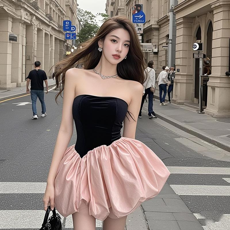 French Style Sweet Socialite Color Block Puff Mini Dress Strapless Slim Fit Elegant and Sexy Suitable for Parties Casual Outings Travel Evening Events