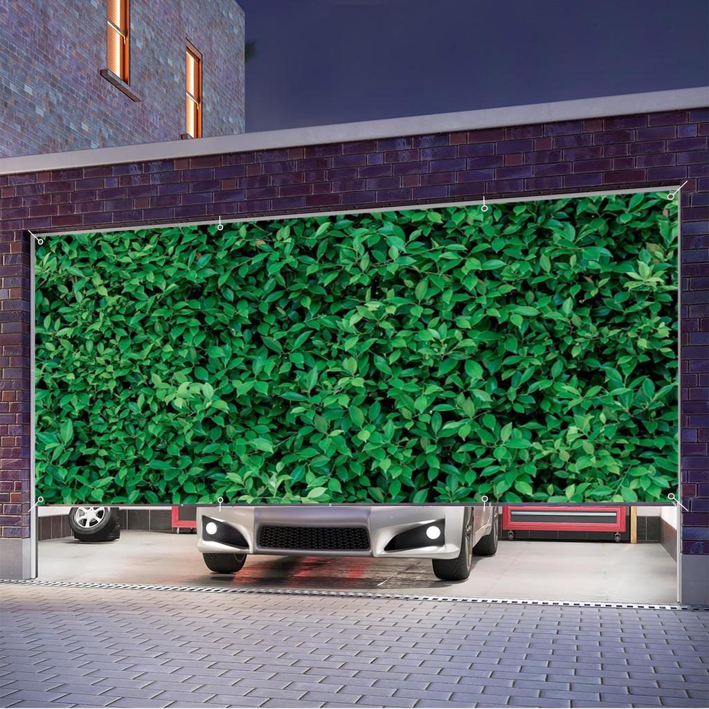 Leowefowa 16x7ft Green Leaves Garage Door Cover Grass Backdrop Greenery Circle Backdrop Stand Yard Garage Background Decoration Cover Outdoor