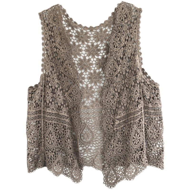 Summer Women Lace Vest Loose Cut-out Cardigan Vest Bohemian Style Cotton Woven Open Front Vest Thin Outwear
