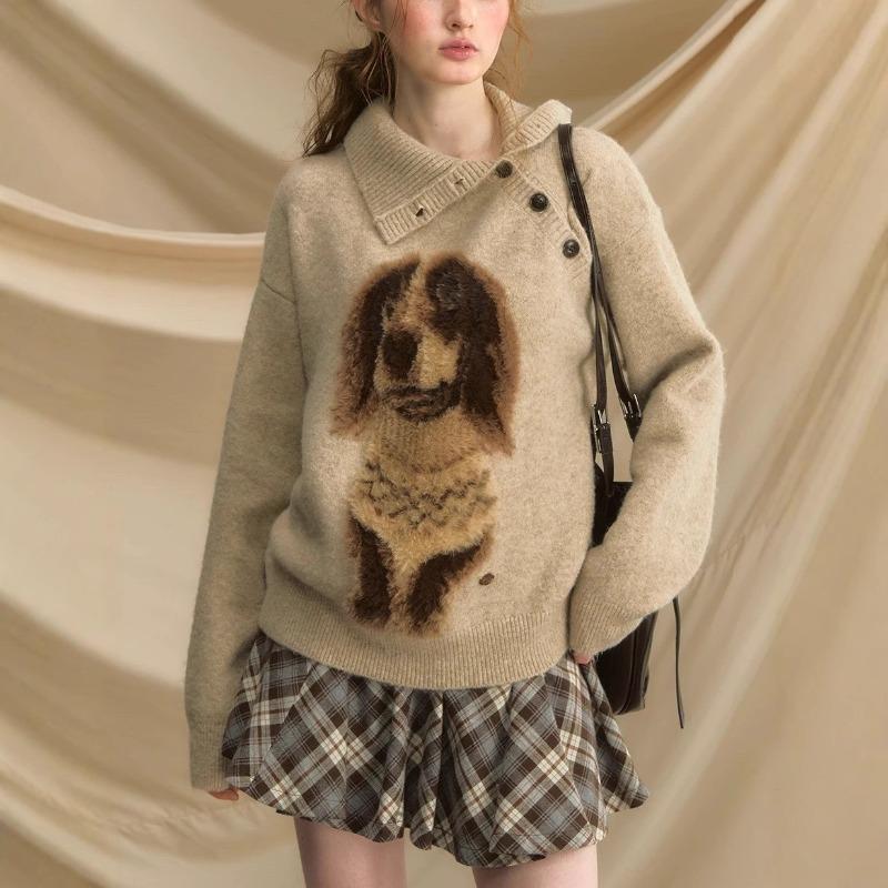 Good morning little sausage pullover sweater female autumn puppy retro loose lazy wind outside knitted sweater