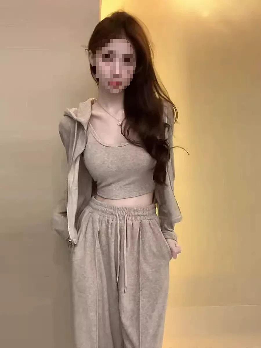 

2025 Women s Early Autumn Casual Fashion Three-Piece Set: Camisole, Hoodie Jacket, and Pants S