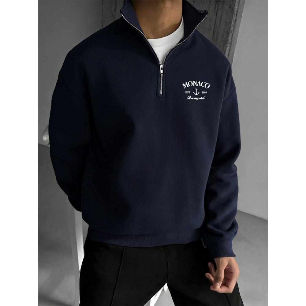 Monaco Racing Club Printed Pattern Half Zip Stand Up Collar Sweatshirt, Casual Multifunctional Commuting Stand Up Collar Pullover S