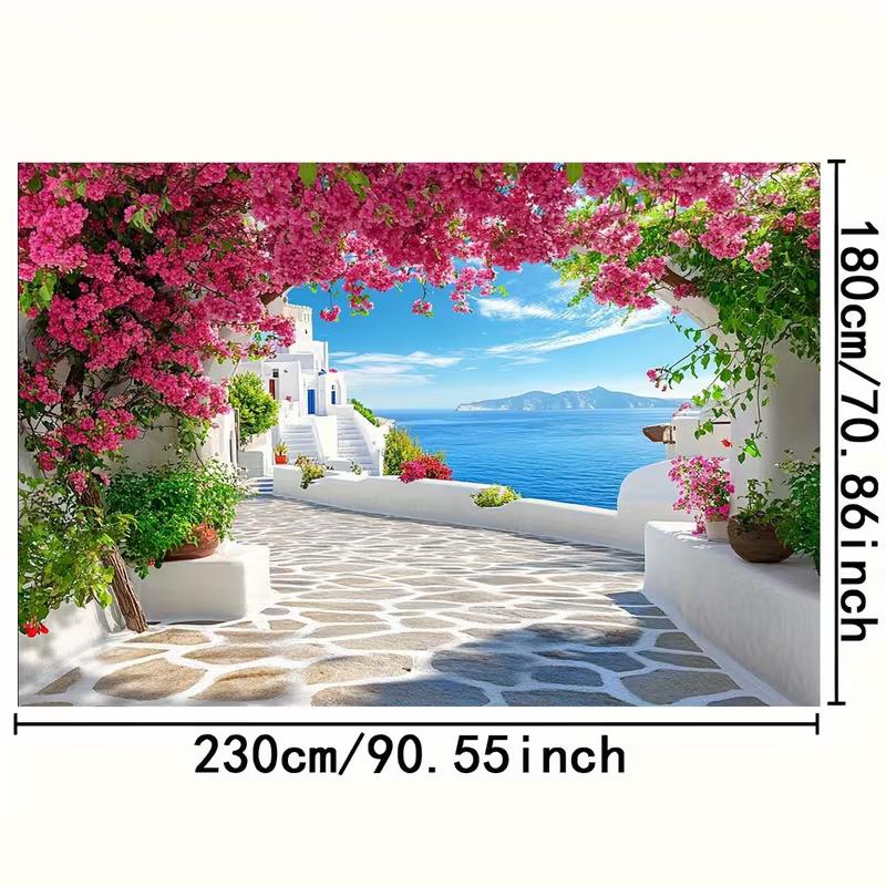 Summer Greek Island Backdrop Cobblestone Path Bougainvillea Blue Sea Photography Background