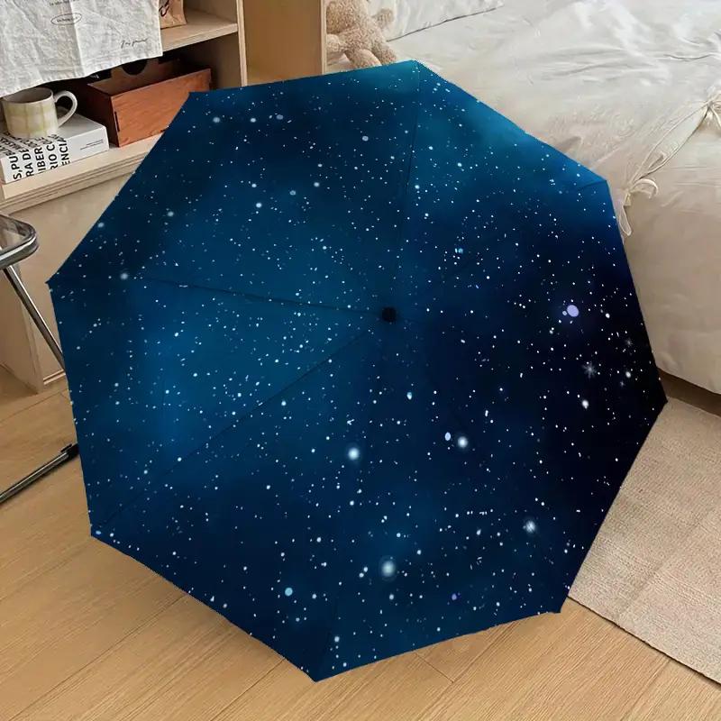1 Galaxy Starry Sky Automatic Open/Close Umbrella, 8-Rib Compact Travel Umbrella, Lightweight Portable Blue-Black Starry Night