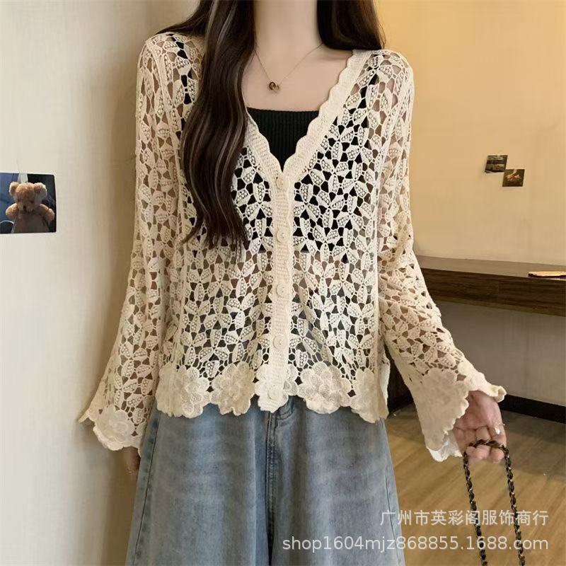 Summer Thin Knitted Sweater Women's Embroidered Hollow Long-sleeved Beach Clothes Women's Top Lace-up Jacket Versatile