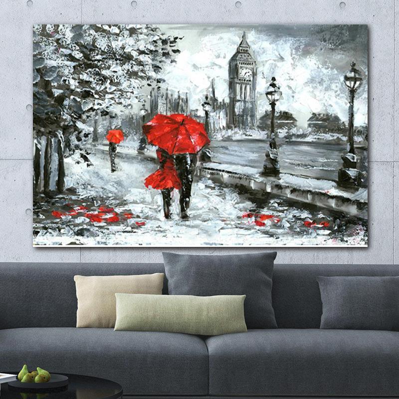 Solid Wood Frame Rain City Street Scenery Paris Canvas Painting Landscape Red Tree Yellow Car Pictures For Living Room Wall Art Decor