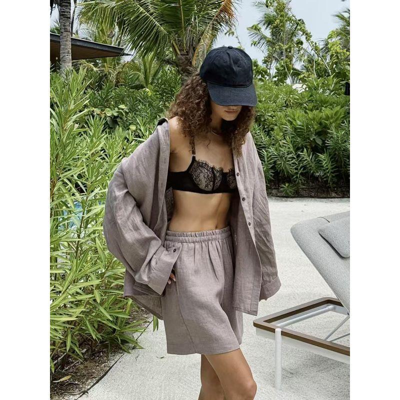 

Western Style Loose Cotton Shirt Shorts Two-Piece Loose Cotton Shirt and Shorts Set Brown S