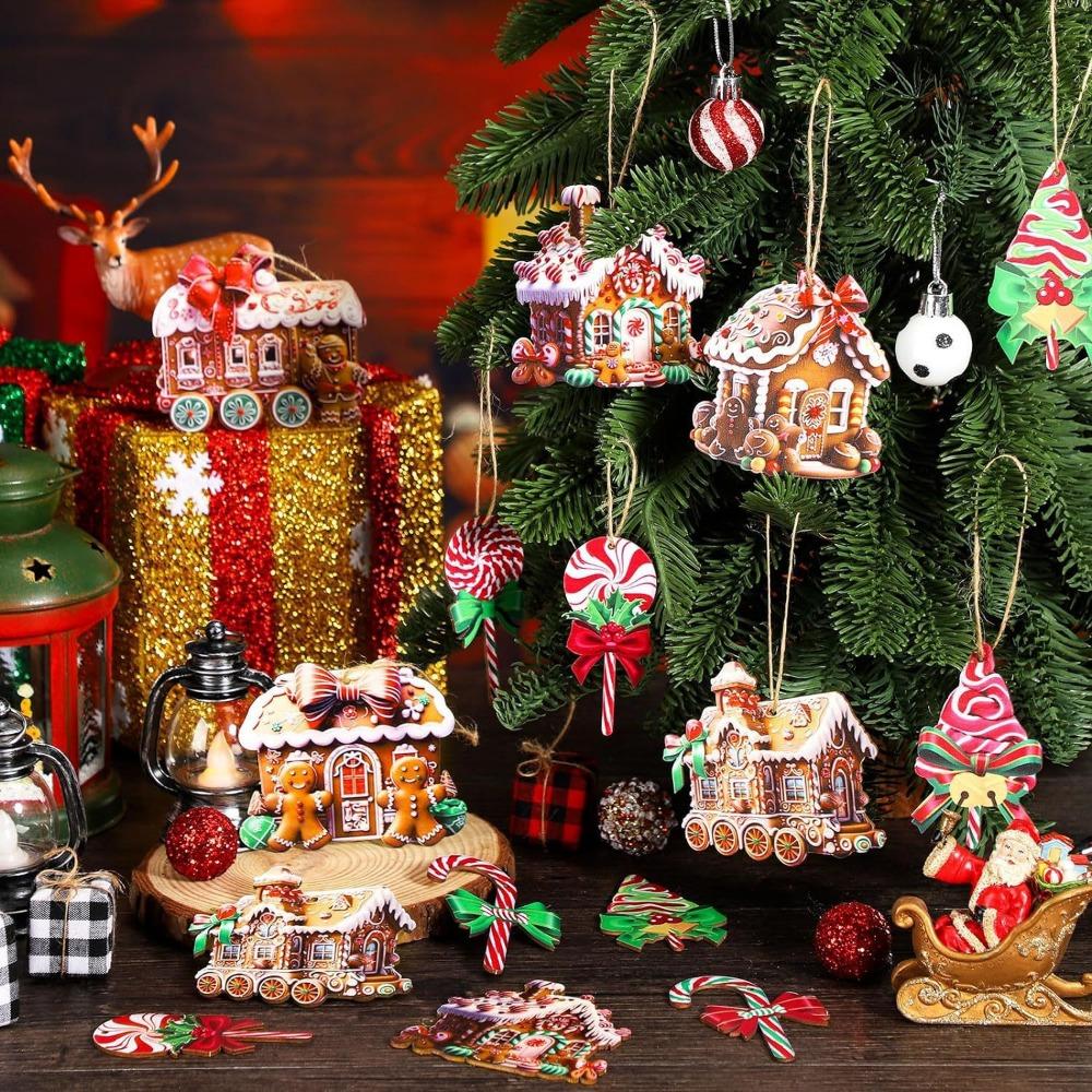 Christmas Gingerbread House Ornament Wooden Christmas Tree Hanging Ornaments Gingerbread House with Ribbons for Xmas Party Favor