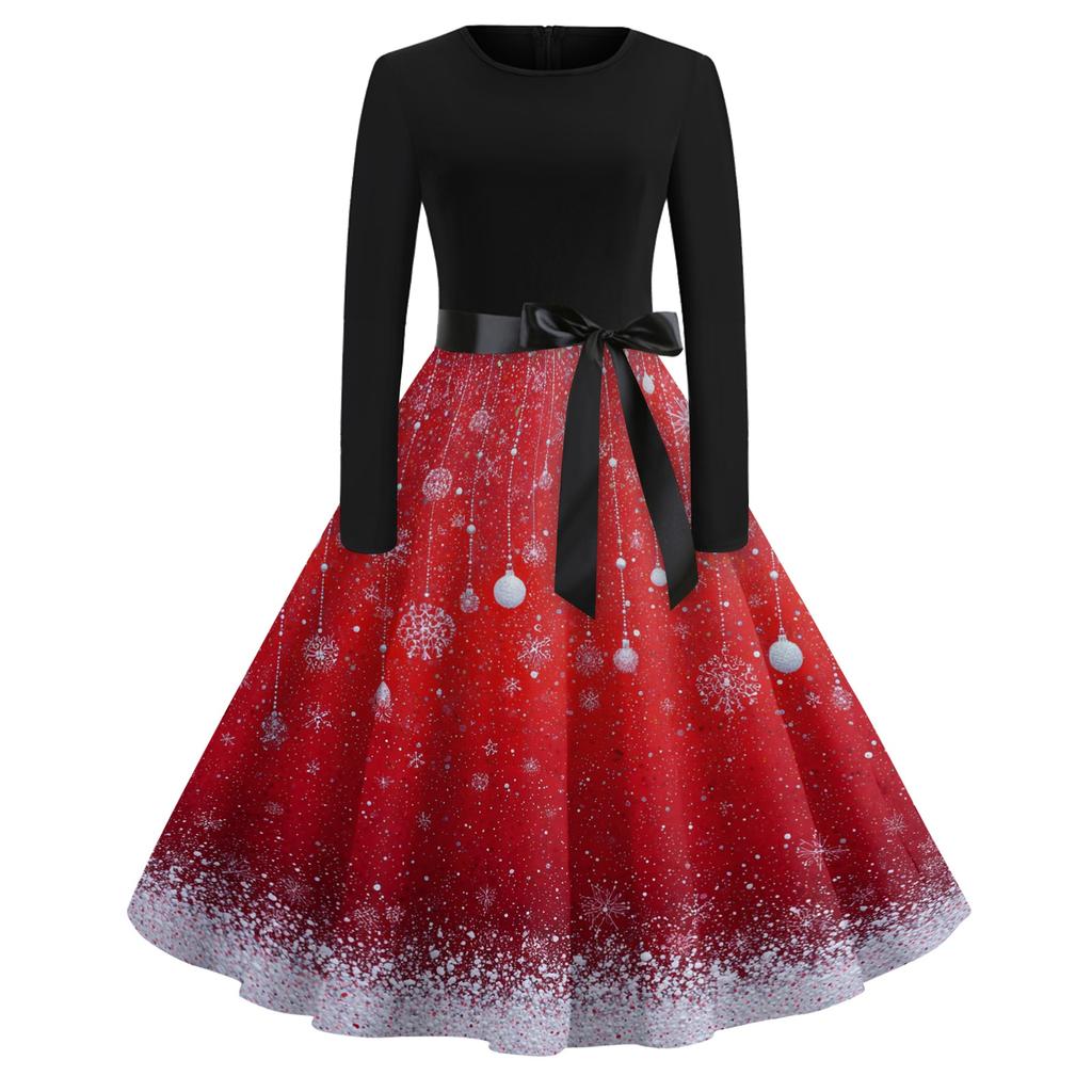 Rochii lungi de epocă, cu mâneci lungi, cu mâneci lungi, cu imprimeu grafic de Crăciun